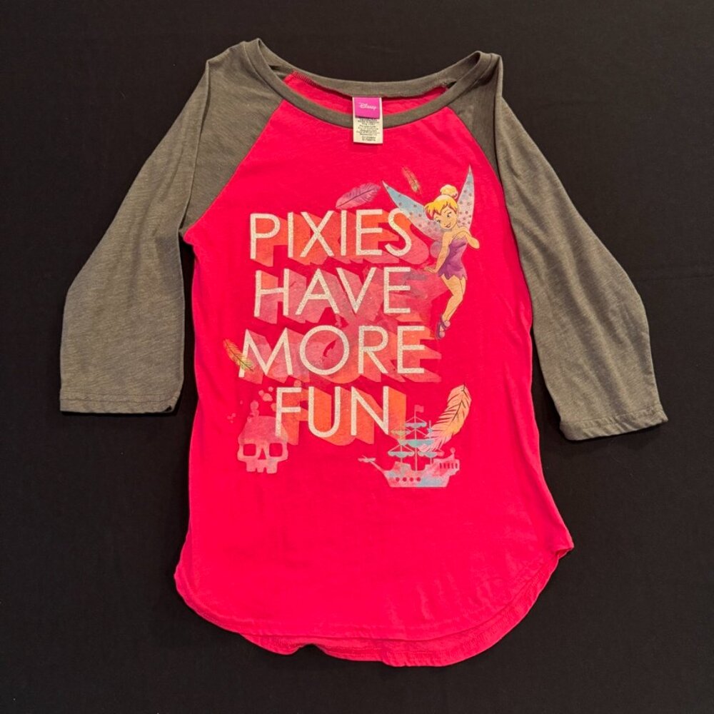 Disney Tinkerbell Pixies Have More Fun Pink 3/4 Sleeve Ringer Shirt Juniors XL